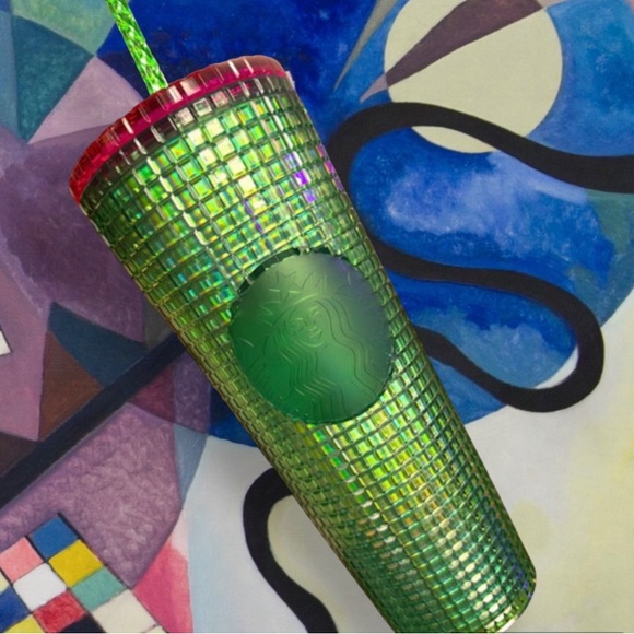 Starbucks Green & Pink Grid Cup Watermelon Iridescent Tumbler Venti 24oz New - Picture 3 of 16